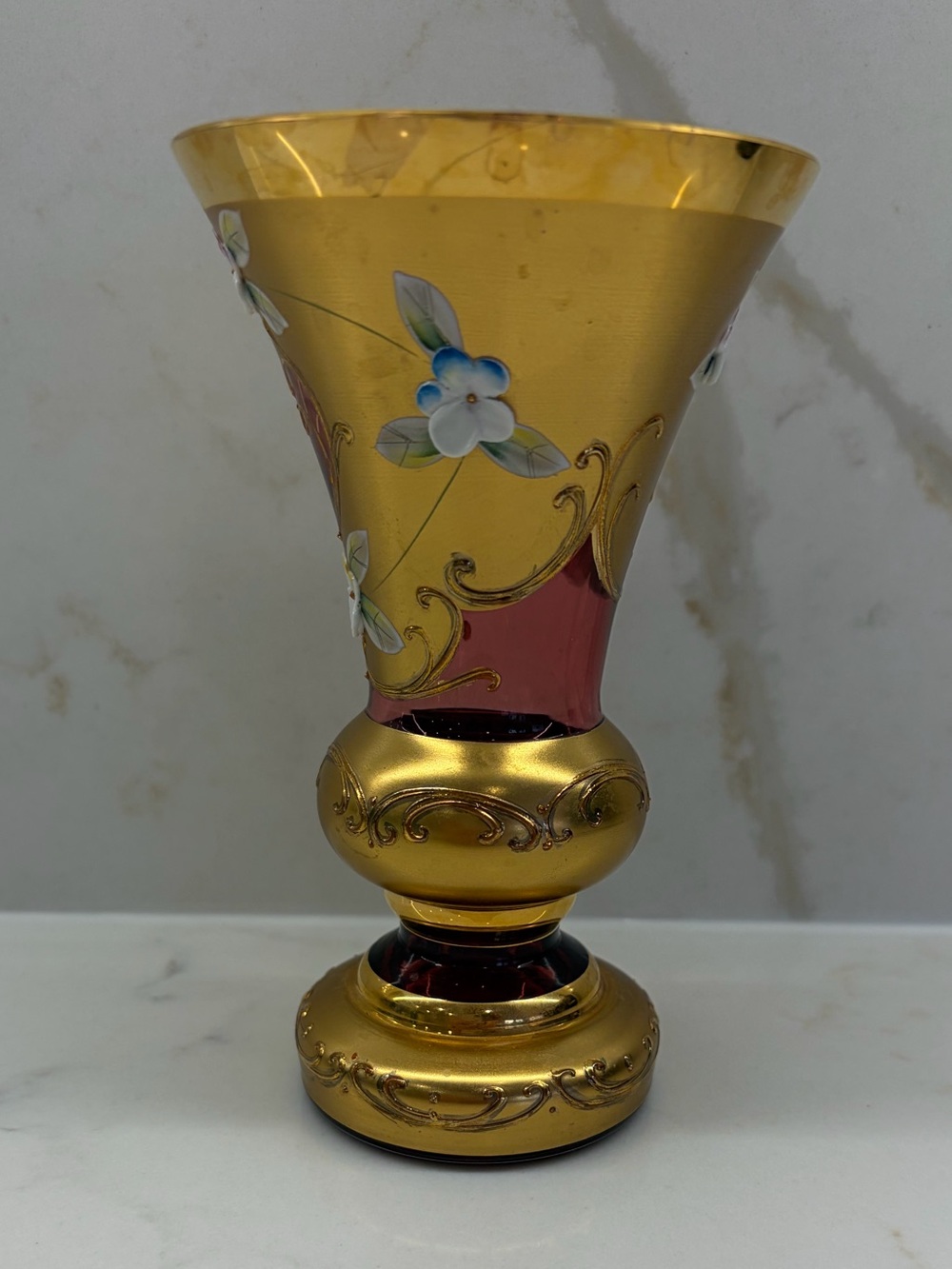 Vintage Ruby Red & Gold Hand painted Floral Glass Vase – Ornate Pedestal Décor